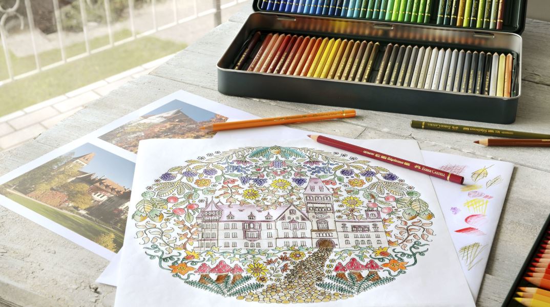 coloring template of the Faber-Castell castle in Stein with colored pencils 