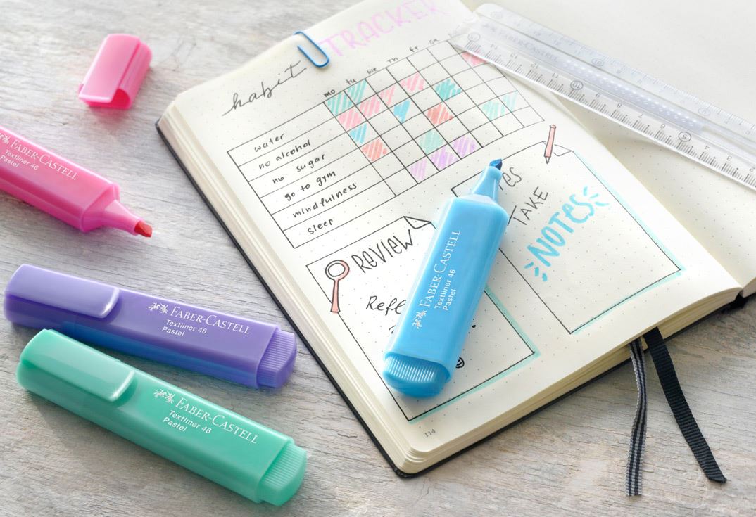 Bullet journal and textmarkers in different colours.