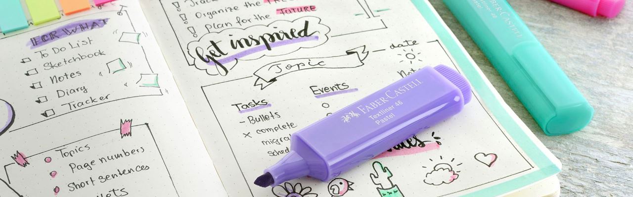 Bullet journal "get inspired" and textmarkers in different colours