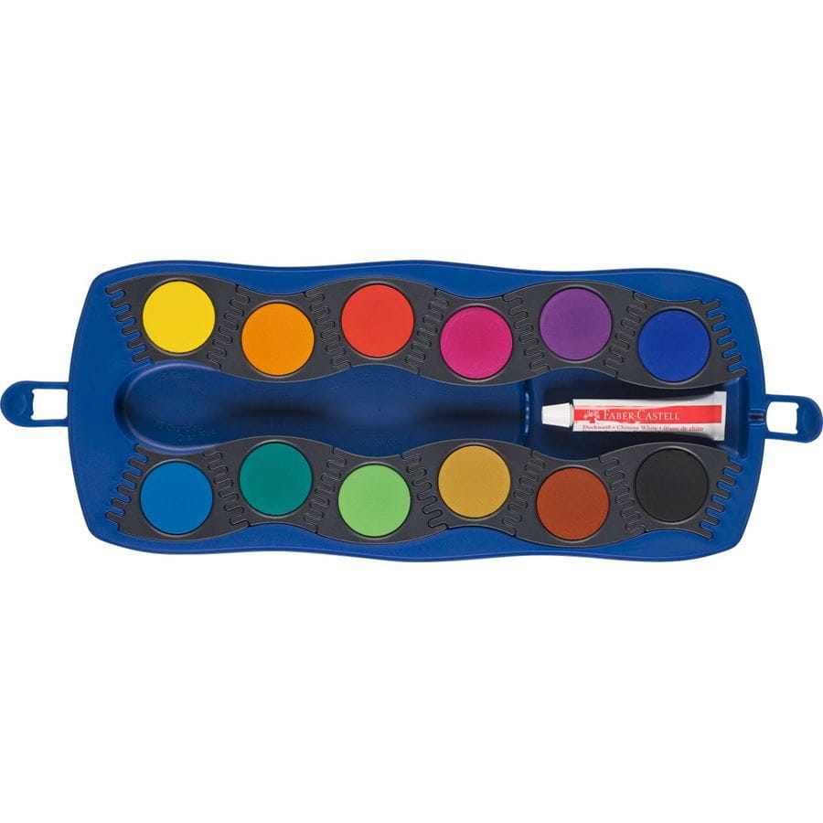 Faber-Castell - Connector Deckfarbkasten, blau, 12 Farben inkl. Deckweiß