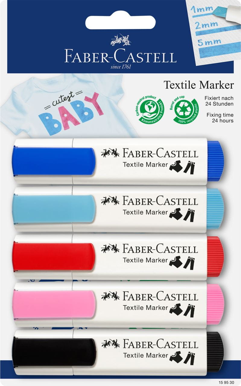 Faber-Castell - Textilmarker Set mit 4 Baby-Farben und 1x schwarz